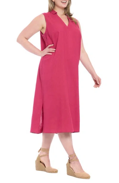 London Times Collared Popover Linen Blend Midi Dress In Red