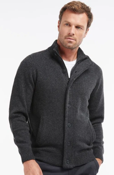 Barbour Elbow Patch Wool Cardigan In Gray