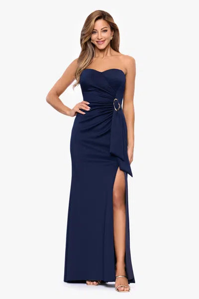 Xscape Evenings Belt Detail Strapless Scuba Gown In Blue