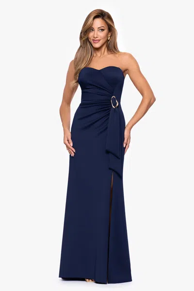 Xscape Evenings Belt Detail Strapless Scuba Gown In Blue