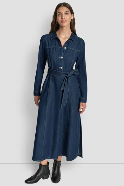 Dkny Women's Self Belt Maxi Dress With Side Slits In Blue