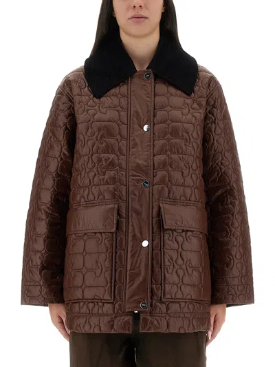 Ganni Quilted Midi Jacket In Brown