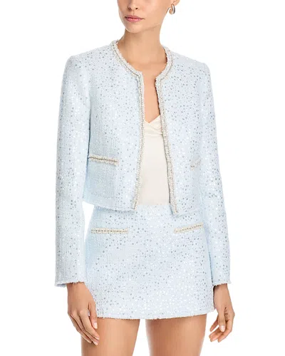 Loveshackfancy Kelli Sequin Embellished Tweed Crop Jacket In Blue