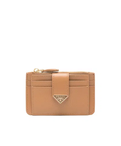 Prada Logo Zip Wallet In Brown