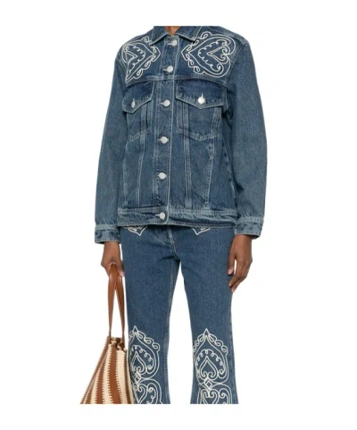 Farm Rio Denim Cornely Buttoned Embroidered Jacket In Blue