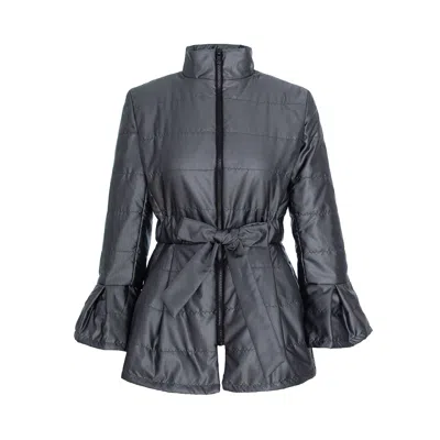 Concept A Trois Women's Short Quilted Jacket In Anthracite Grey With Collar And Drawstring At The Waist In Gray