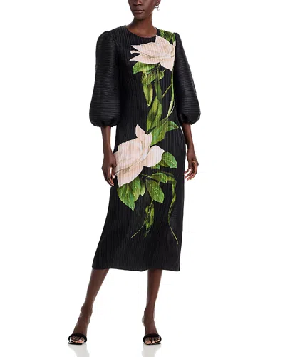Nancy Yang Floral Print Crinkle Dress In Black