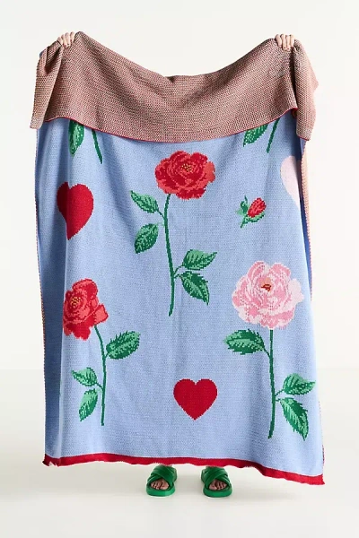 Anthropologie Cotton Sweater Knit Floral Throw Blanket In Multi