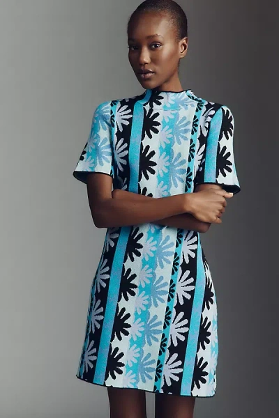 By Anthropologie The Nina Short-sleeve Mock-neck Mod Sweater Mini Dress In Blue