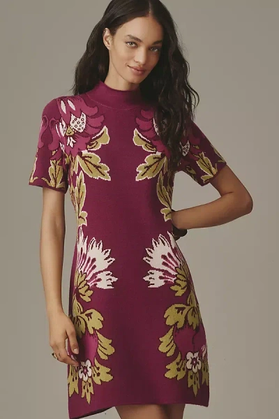 By Anthropologie The Nina Short-sleeve Mock-neck Mod Sweater Mini Dress In Burgundy