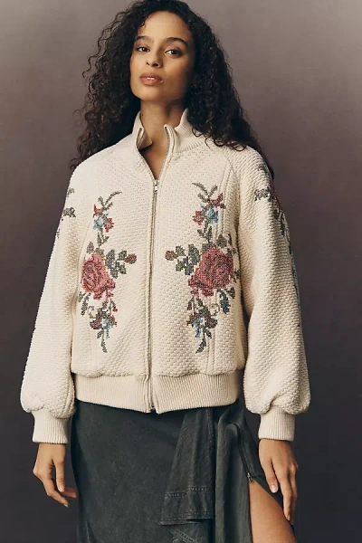 By Anthropologie Embroidered Bomber Cardigan Sweater In Neutral