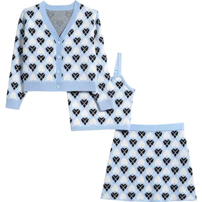 Freshman Kids' Heart Argyle Cardigan, Camisole & Skirt 3-piece Set In Blue