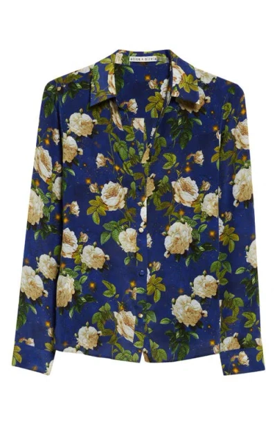 Alice And Olivia Alice + Olivia Eloise Floral Silk Button-up Shirt In Blue