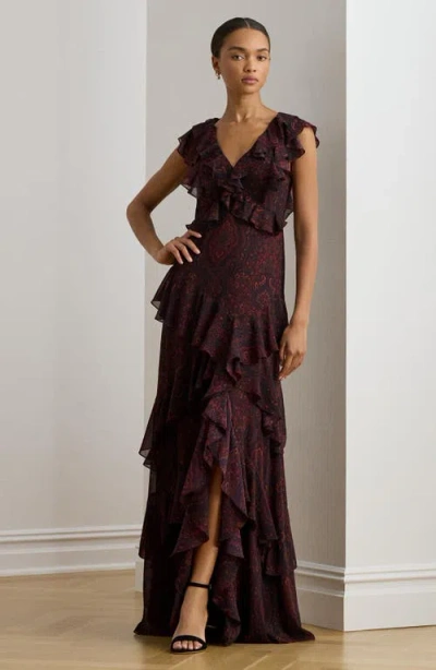 Ralph Lauren Lauren  Paisley Tiered Ruffle Trim Gown In Brown