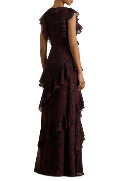 Ralph Lauren Lauren  Paisley Tiered Ruffle Trim Gown In Brown