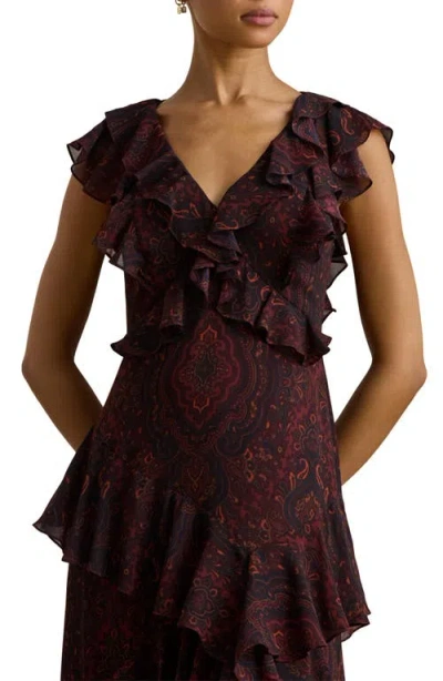 Ralph Lauren Lauren  Paisley Tiered Ruffle Trim Gown In Brown