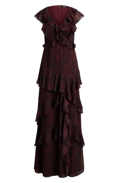 Ralph Lauren Lauren  Paisley Tiered Ruffle Trim Gown In Brown
