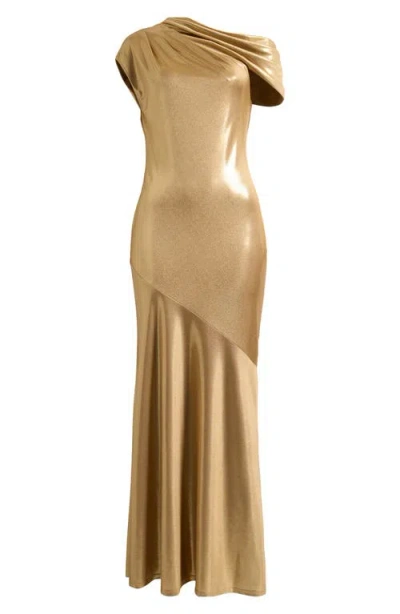 Ralph Lauren Lauren  Metallic One Shoulder Gown In Gold