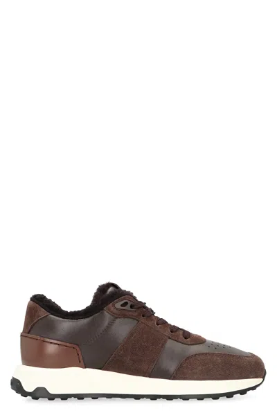 Tod's Low Top Suede Sneakers With Leather Detail In Brown