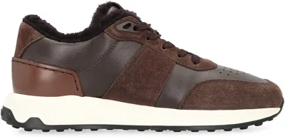Tod's Low Top Suede Sneakers With Leather Detail In Brown