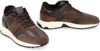 Tod's Low Top Suede Sneakers With Leather Detail In Brown
