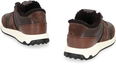 Tod's Low Top Suede Sneakers With Leather Detail In Brown