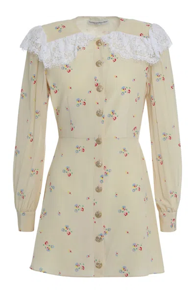 Alessandra Rich Floral Shirt Dress Lace Collar Neckline In Neutral