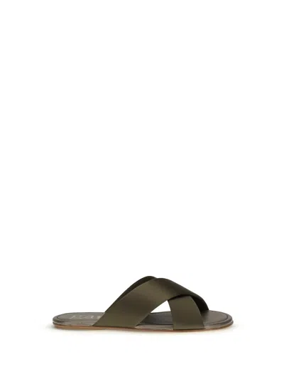 Pedro Garcia Brown Silk Flat Sandals In Green