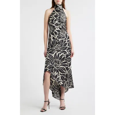 Cece Floral Halter Neck Godet Hem Maxi Dress In Black
