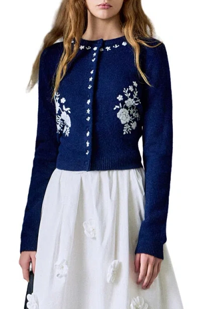 English Factory Floral Embroidered Cardigan In Blue