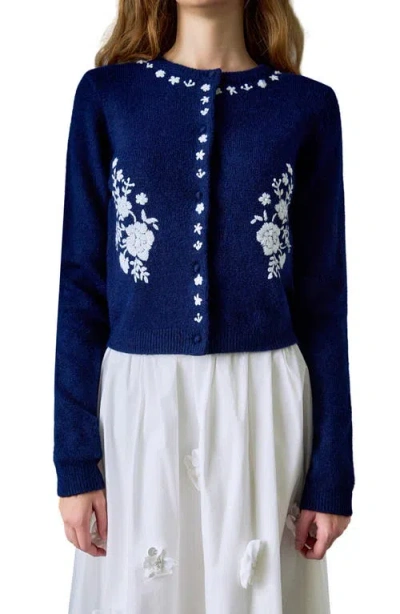 English Factory Floral Embroidered Cardigan In Blue