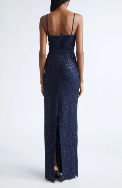 Michael Kors Collection Sequin Corded Floral Lace Gown In Blue