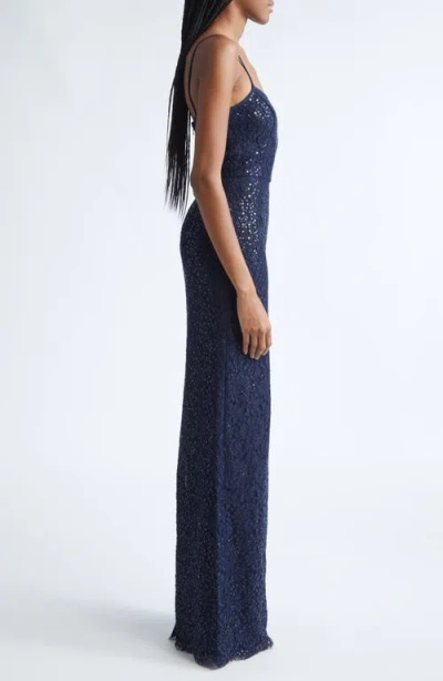 Michael Kors Collection Sequin Corded Floral Lace Gown In Blue