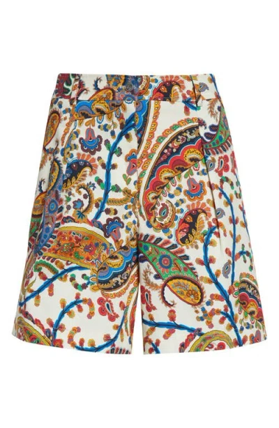 Etro Paisley Pleated Stretch Cotton Bermuda Shorts In Multi