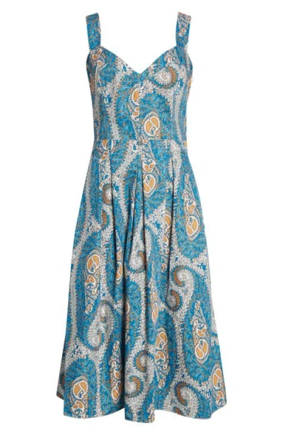 Etro Paisley Print Pleated Fit & Flare Cotton Poplin Midi Dress In Multi