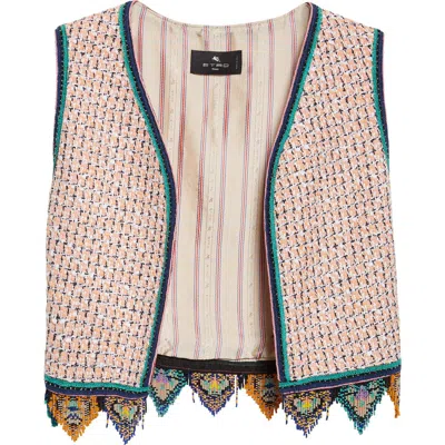 Etro Fringed Embroidered Tweed Vest In Brown