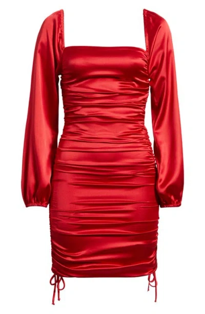 Jump Apparel Ruched Off The Shoulder Long Sleeve Satin Minidress In Red