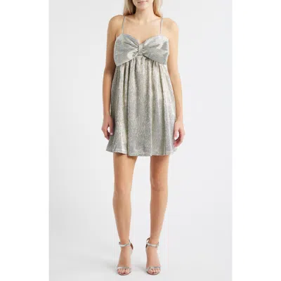 Jump Apparel Metallic Bow Babydoll Minidress In Gray