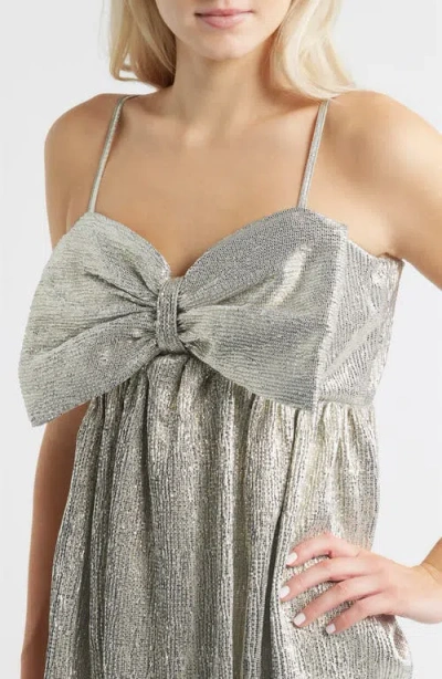 Jump Apparel Metallic Bow Babydoll Minidress In Gray