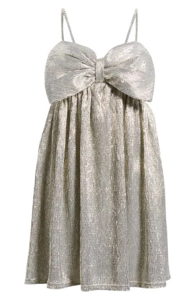 Jump Apparel Metallic Bow Babydoll Minidress In Gray