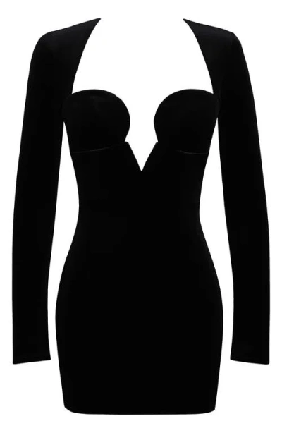 House Of Cb Sierra Long Sleeve Stretch Velvet Minidress In Black