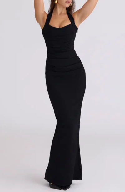 House Of Cb Yasmina Stretch Velvet Corset Gown In Black