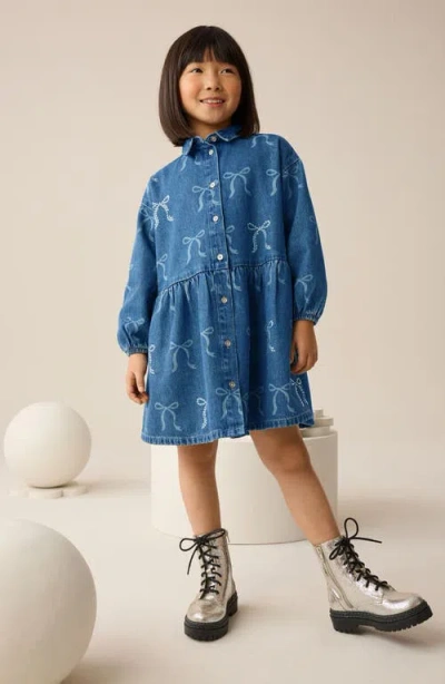 Next Kids' Bow Diamante Long Sleeve Denim Shirtdress In Blue