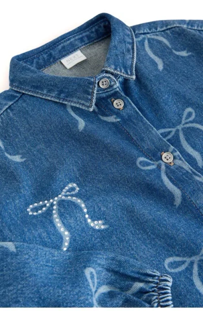 Next Kids' Bow Diamante Long Sleeve Denim Shirtdress In Blue
