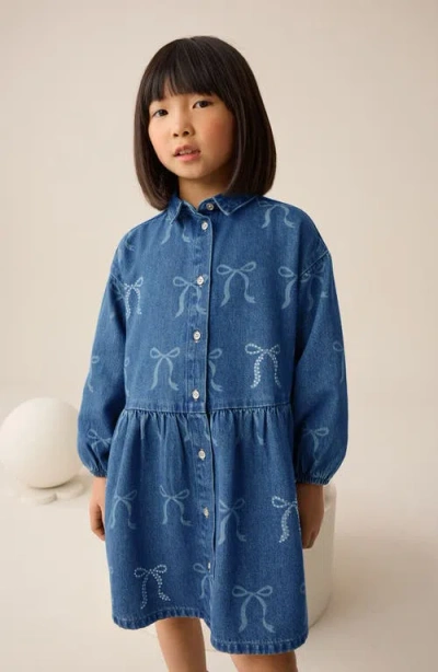 Next Kids' Bow Diamante Long Sleeve Denim Shirtdress In Blue