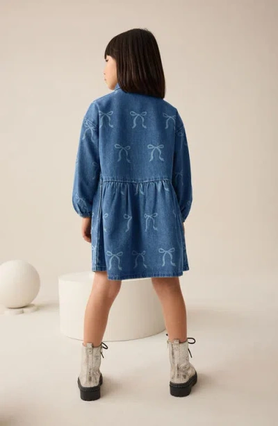 Next Kids' Bow Diamante Long Sleeve Denim Shirtdress In Blue
