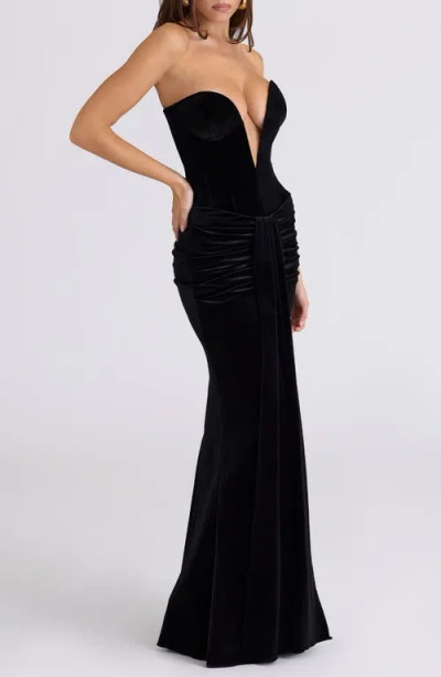 House Of Cb Vienne Deep Plunge Neck Velvet Gown In Black