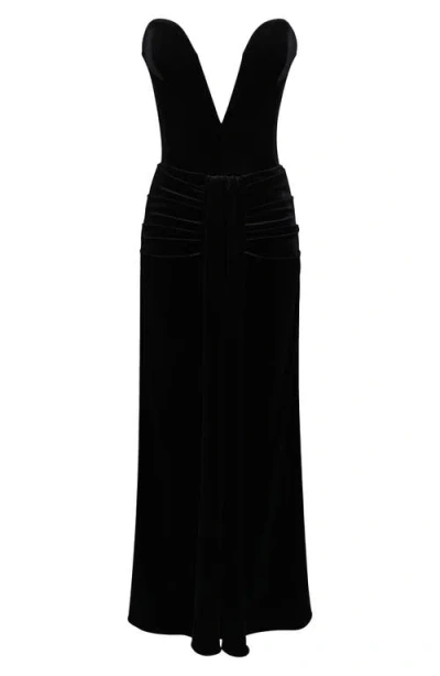 House Of Cb Vienne Deep Plunge Neck Velvet Gown In Black