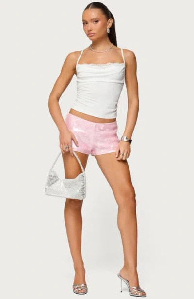 Edikted Lizzie Flower Sequin Micro Shorts In Pink