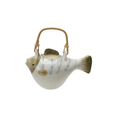 Storied Home Stoneware Fish Shaped Teapot With Metal Strainer And Wrapped Handle In White